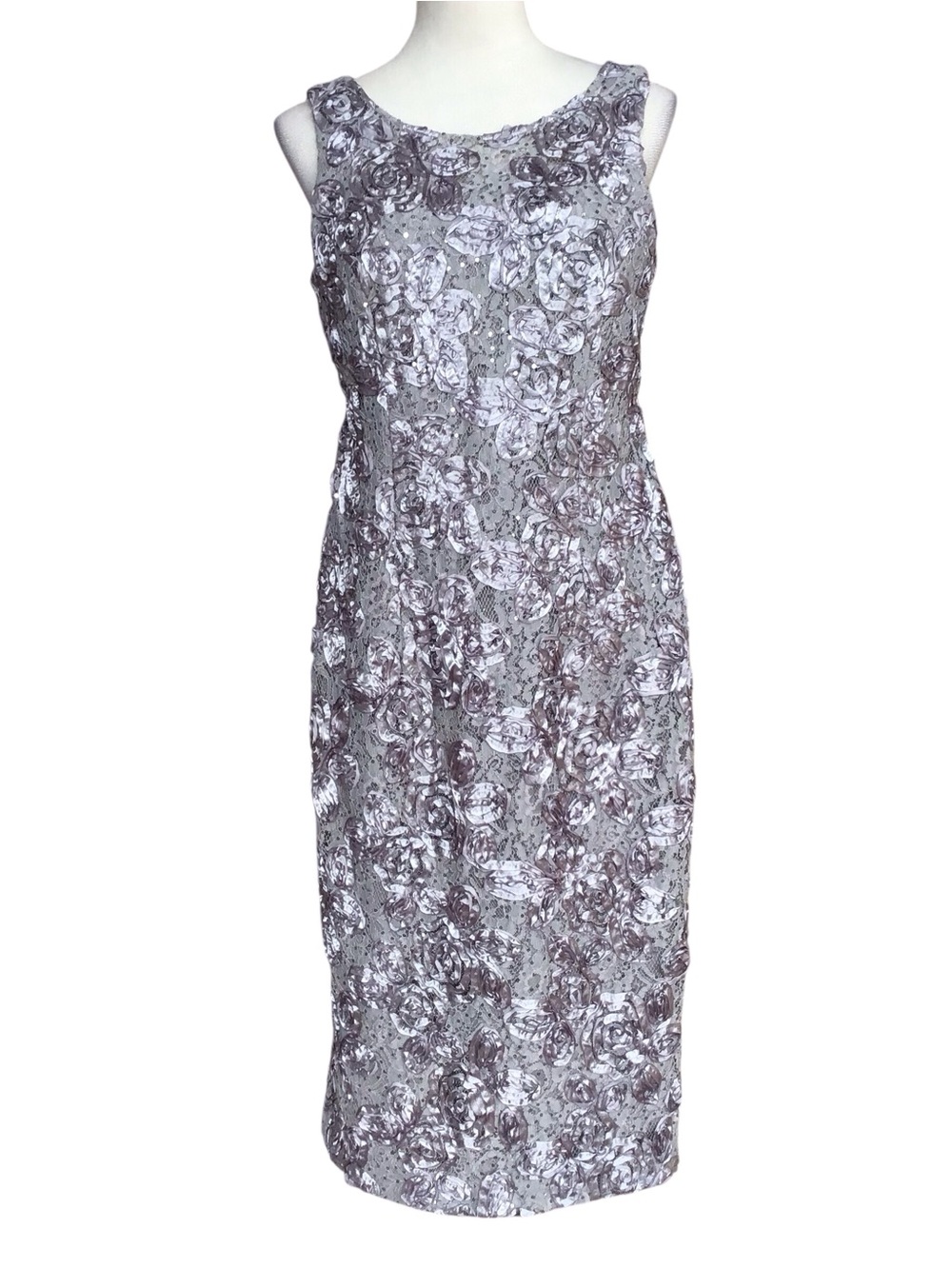 Alex Evenings Lace Ribbon Sequin Floral Dress in Grey